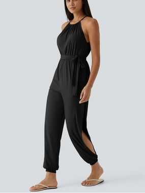 HALARA Sleeveless Tie Back Belted Pocket Cut Out Cool Touch Jumpsuit Small Black